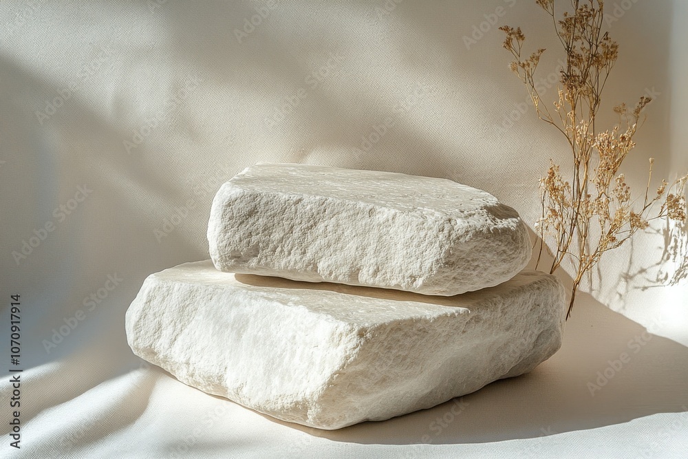 Natural stone slabs display unique textures in a minimalist setting on a light background Natural stone slabs display unique textures in a minimalist setting on a light background
