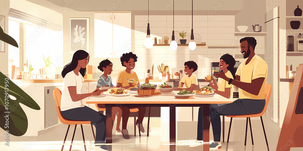 Painting of family eating at table, family gathering concept. Painting of family eating at table, family gathering concept.
