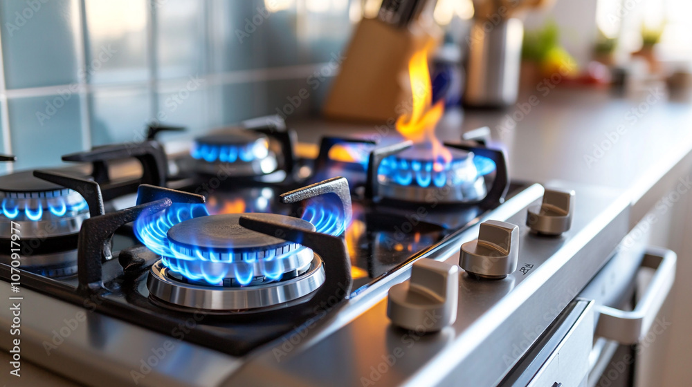 Naklejka premium Modern Gas Stovetop with Blue Flames Burning in Kitchen