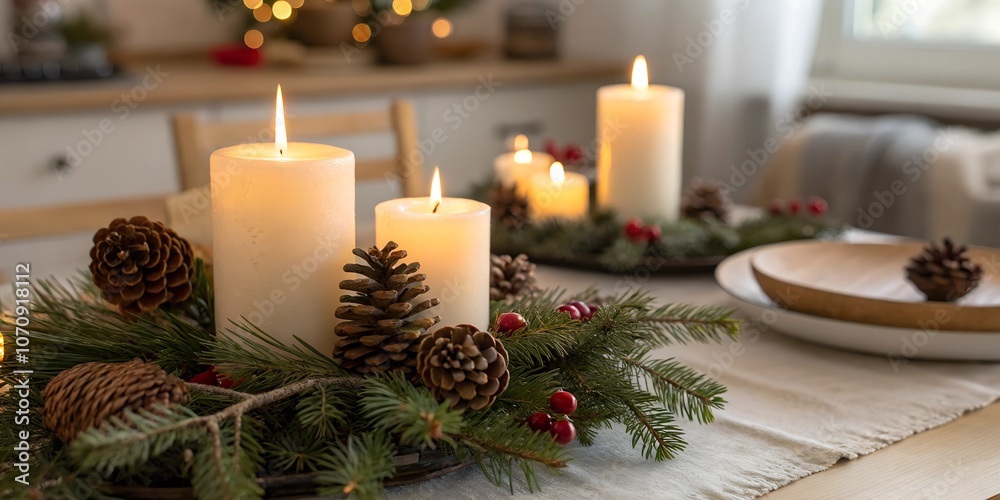 Candles, pine cones and Christmas tree branches on the table. Selective focus Candles, pine cones and Christmas tree branches on the table. Selective focus