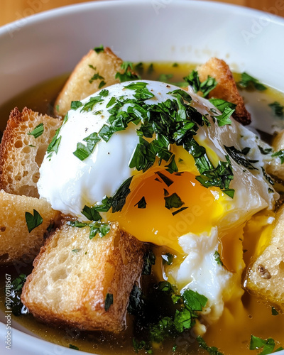 Açorda with poached egg, garlic broth, and fresh herbs photo