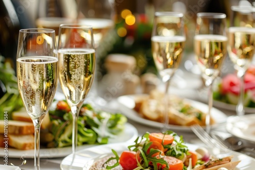 Champagne Food. Elegant Dinner Table Setting with Wine Glasses and Gourmet Meal