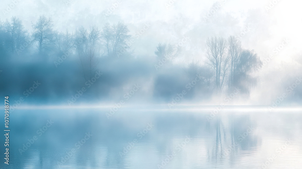 Fototapeta premium A thin layer of foggy smoke interlaced with delicate frost crystals, drifting over a frozen lake, with soft white and light blue hues creating an ethereal winter look.