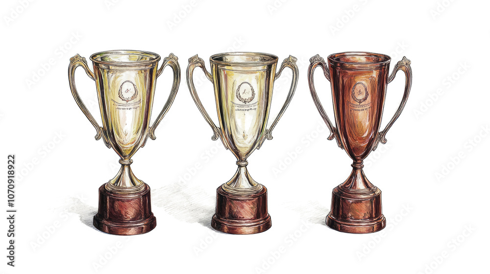 Three Gold Trophy Cups on Transparent Background Generative AI Three Gold Trophy Cups on Transparent Background Generative AI