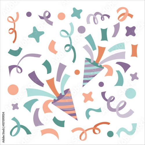 Set of confetti and party popper elements. Flat vector design festive clipart on white background.
