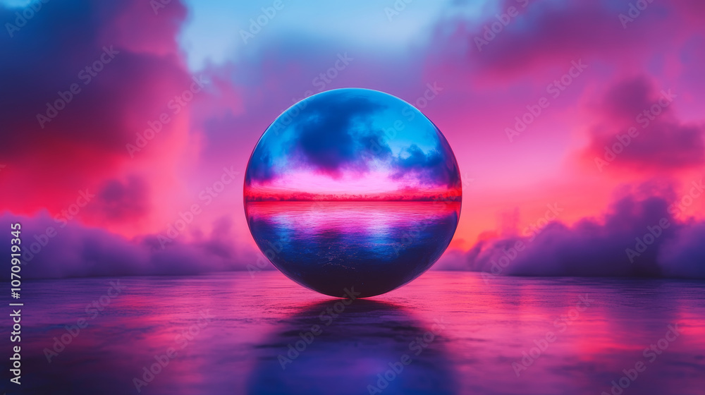 A metallic sphere reflects a vibrant pink and blue sunset. A metallic sphere reflects a vibrant pink and blue sunset.