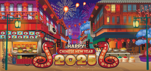 Panorama chinese street with old houses, chinese arch, lanterns and a garland. Vector illustration of city street in cartoon style.
