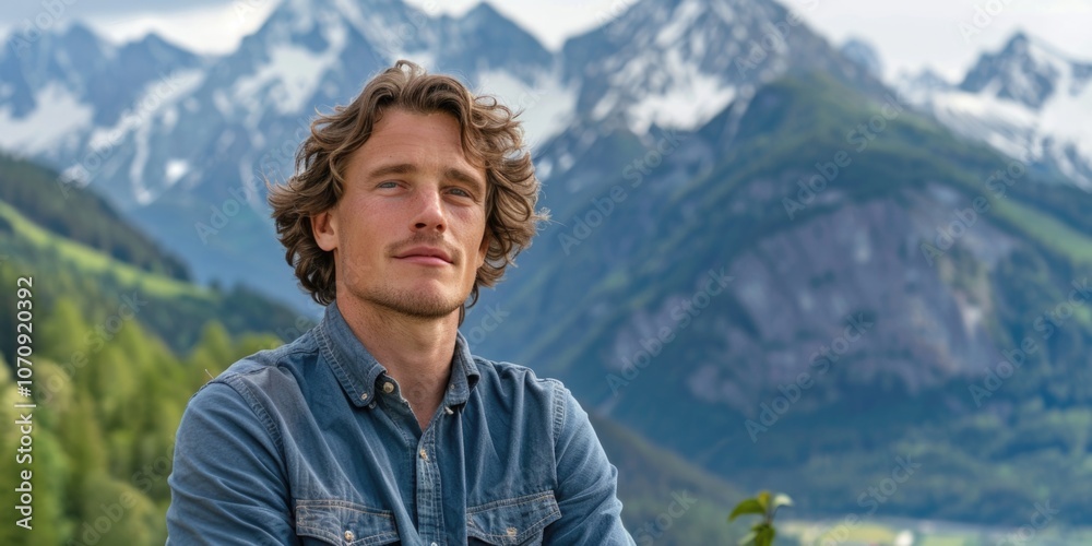 A person standing at the foot of a mountain range, with a scenic view behind A person standing at the foot of a mountain range, with a scenic view behind