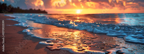 A colorful sunset reflects on the wet sand, with puzzle pieces partially buried in the beach, creating a surreal scene.