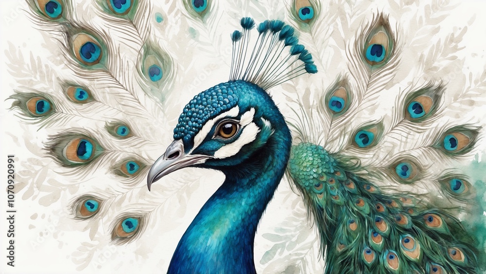 Fototapeta premium Majestic peacock with vibrant plumage in watercolor style on light background