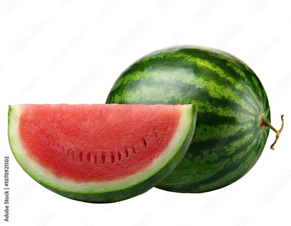 A halved watermelon isolated on a white background, showcasing its vibrant red flesh and green rind A halved watermelon isolated on a white background, showcasing its vibrant red flesh and green rind