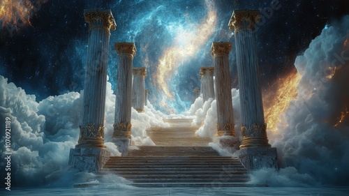 Explore the majestic stairway to the cosmos surrounded by ethereal clouds and celestial wonders