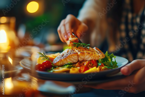 Wallpaper Mural Delicious freshly cooked salmon served on a plate with colorful vegetables at an evening dinner gathering. Generative AI Torontodigital.ca