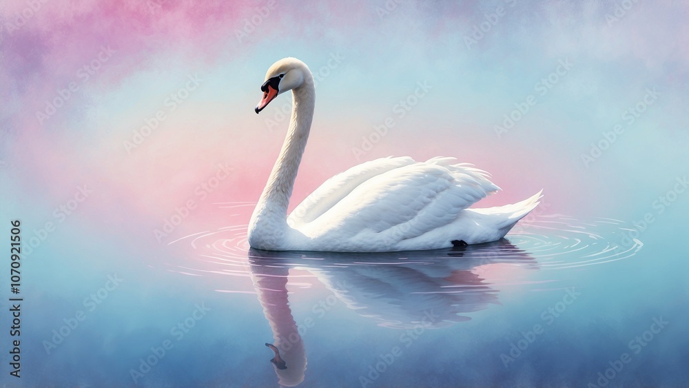 Fototapeta premium Serene swan gliding gracefully on calm water with a pastel sunset background, digital painting