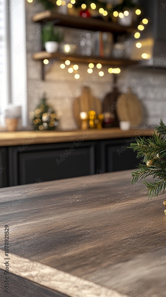 Cozy kitchen corner adorned with twinkling fairy lights and festive decorations, creating a warm holiday ambiance. Wooden countertop in focus, Christmas cheer beyond. Cozy kitchen corner adorned with twinkling fairy lights and festive decorations, creating a warm holiday ambiance. Wooden countertop in focus, Christmas cheer beyond.