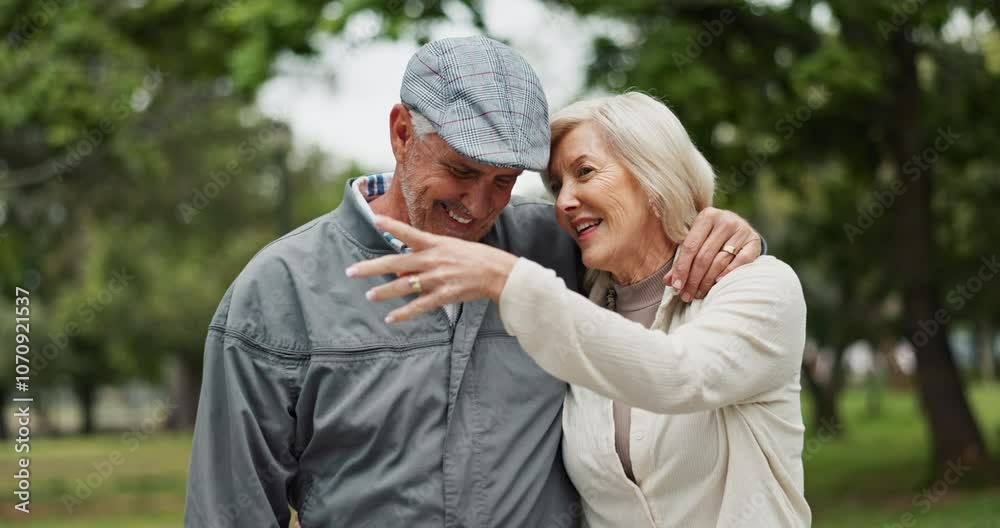 Senior, happy couple and walking with hug in nature for bonding, retirement or enjoying stroll at outdoor park. Mature, man or woman with smile in forest for sightseeing adventure or journey together