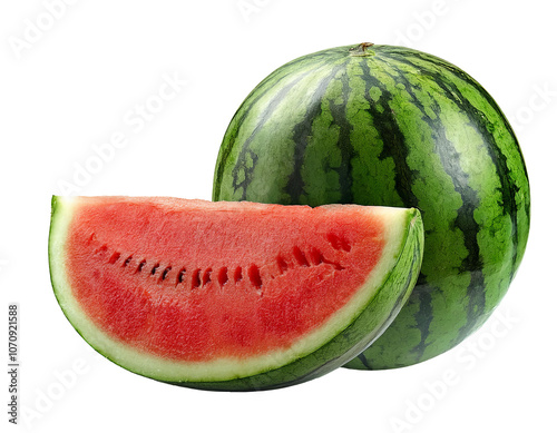 A halved watermelon isolated on a white background, showcasing its vibrant red flesh and green rind 