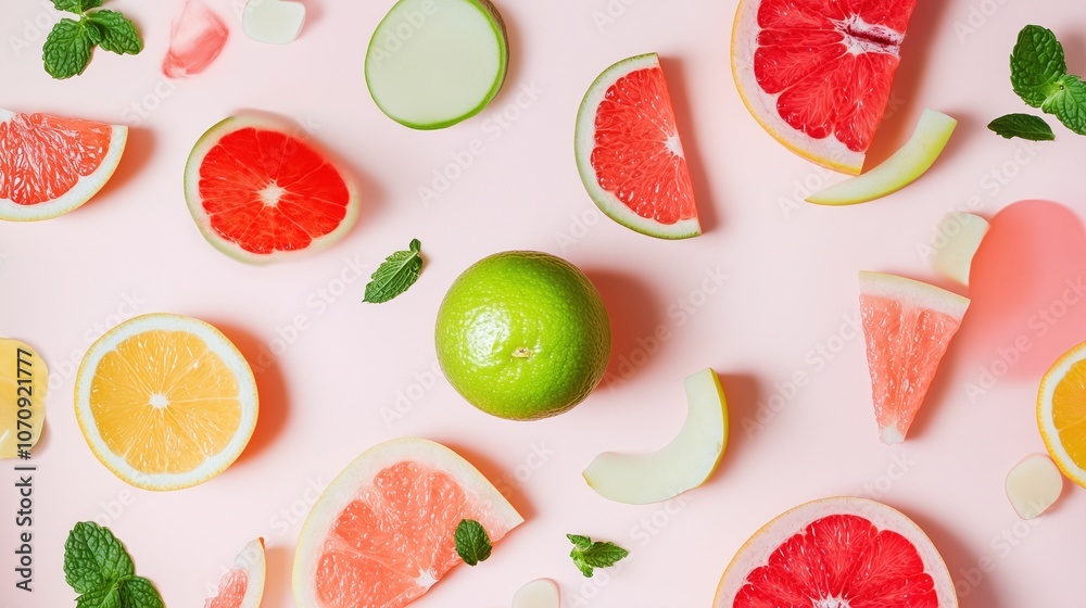 Fresh Citrus Fruits on Pink Background Fresh Citrus Fruits on Pink Background