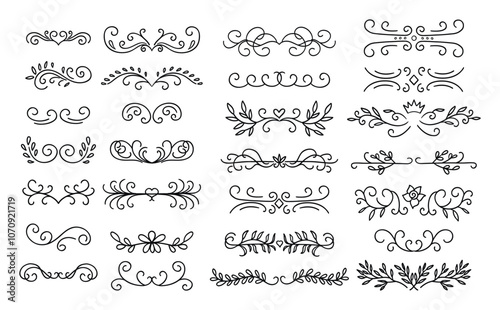 Decorative text dividers, monogram patterns, plant elements for design. Handmade style.