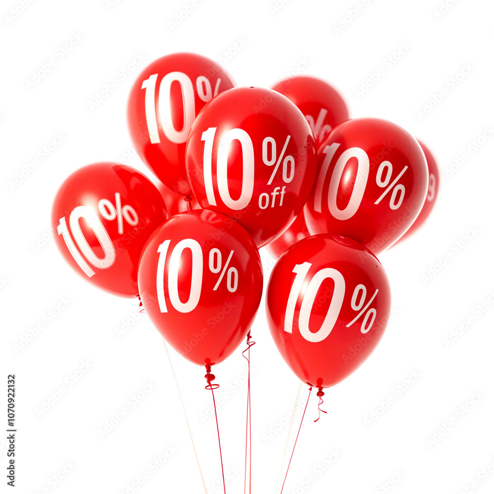10% off on red inflatable balloons isolated on transparent background 10% off on red inflatable balloons isolated on transparent background