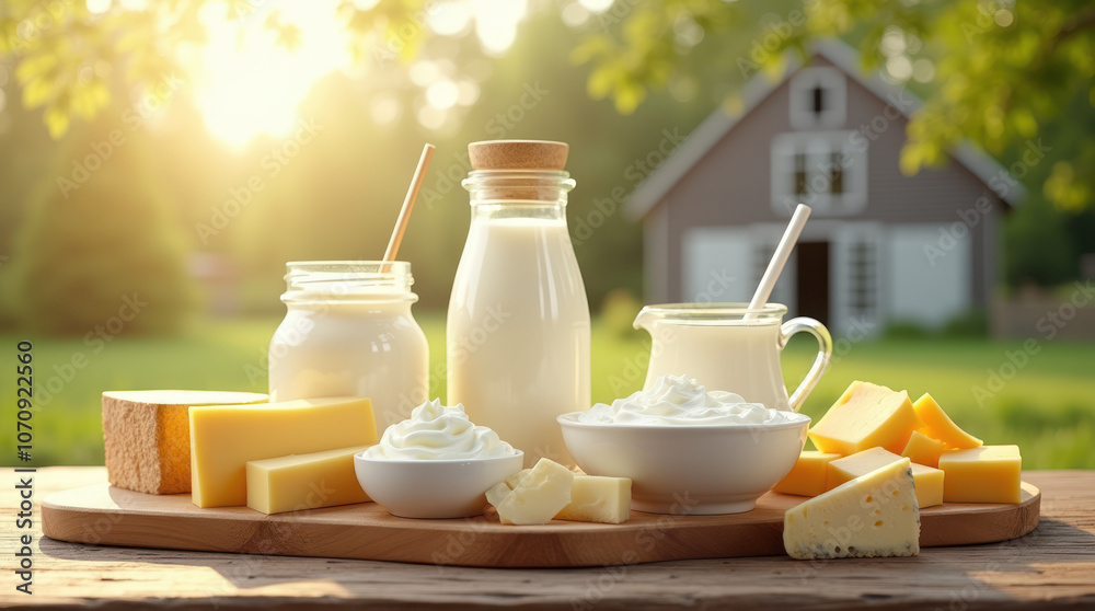 A serene farm table with fresh dairy products under golden sunlight A serene farm table with fresh dairy products under golden sunlight