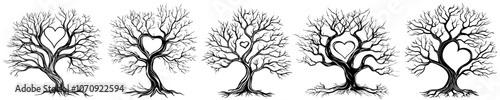bare tree silhouettes with heart-shaped designs in branches, black vector set