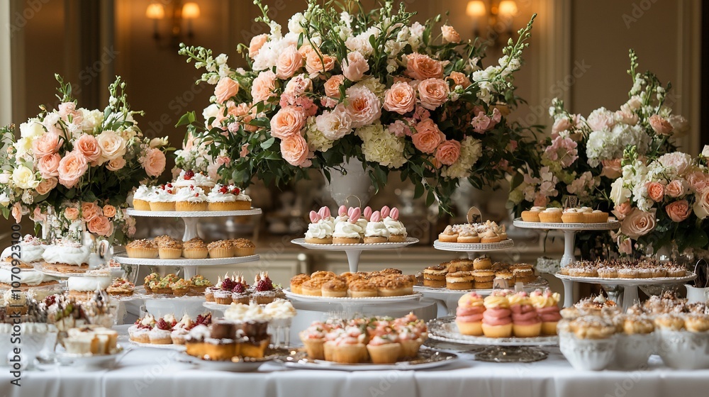 A table with delicious desserts and flowers for a wedding or party. A table with delicious desserts and flowers for a wedding or party.