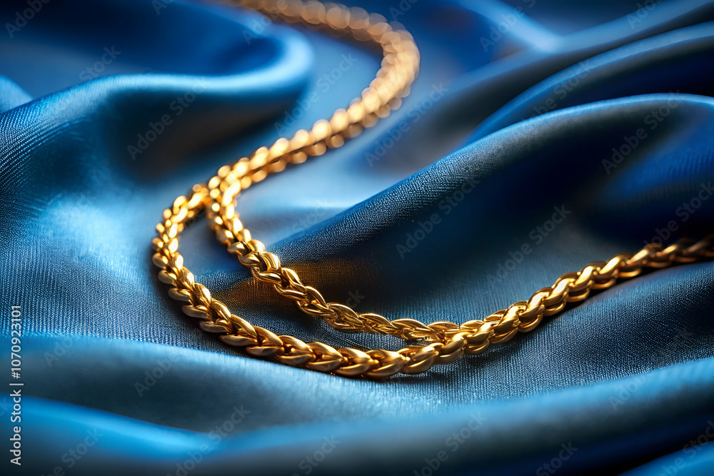 A close-up of a golden chain lying elegantly on a smooth, blue satin fabric, highlighting the shine and texture of both materials. A close-up of a golden chain lying elegantly on a smooth, blue satin fabric, highlighting the shine and texture of both materials.
