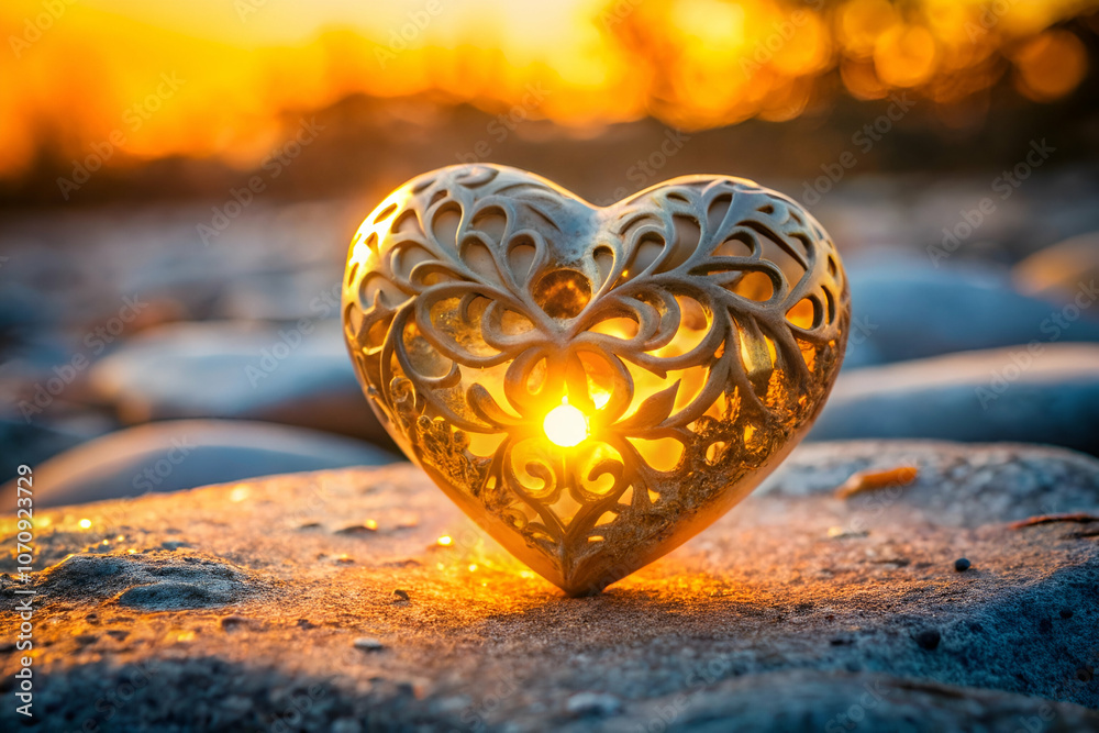 A beautifully carved heart-shaped object sits atop smooth stones, illuminated by warm sunlight during sunset, creating a serene and romantic atmosphere. A beautifully carved heart-shaped object sits atop smooth stones, illuminated by warm sunlight during sunset, creating a serene and romantic atmosphere.