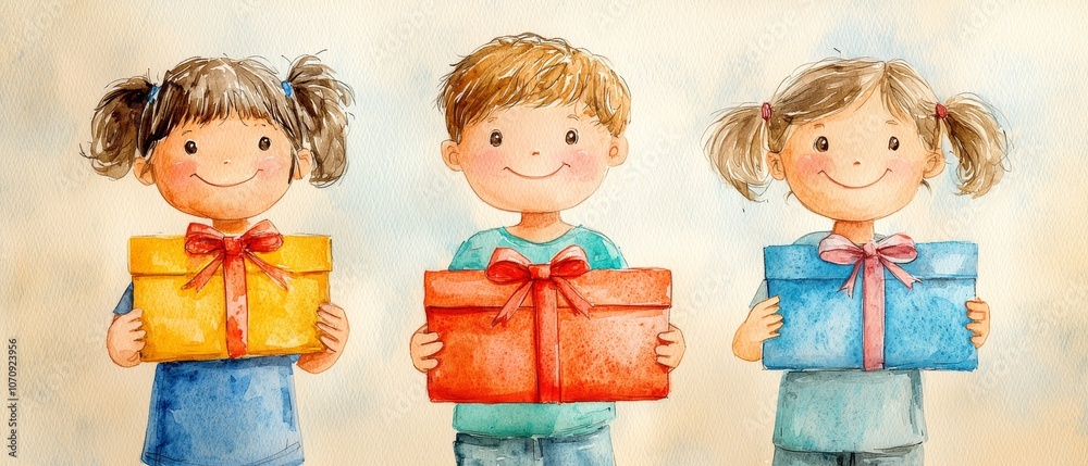 Three cheerful children hold colorful gift boxes, smiling joyfully against a soft, blurred background, encapsulating a delightful moment of sharing presents. Three cheerful children hold colorful gift boxes, smiling joyfully against a soft, blurred background, encapsulating a delightful moment of sharing presents.