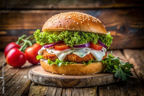 Exquisite Fish Burger with Crispy Panko Breaded Fillet, Fresh Veggies, and Creamy Tartar Sauce on Rustic Wooden Table, Perfect for Culinary Photography and Food Enthusiasts photo