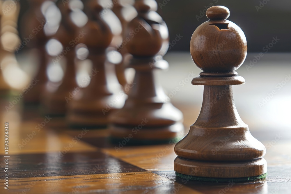 Chess pawn standing out among taller pieces, symbolizing leadership, bright focused lighting Chess pawn standing out among taller pieces, symbolizing leadership, bright focused lighting