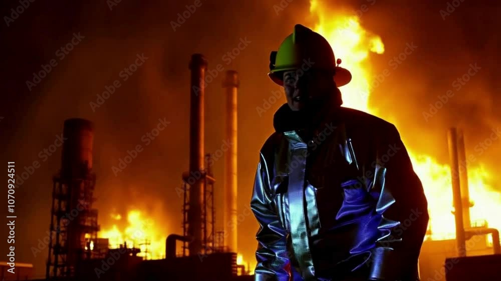 firefighter in action, with industrial structures in the background.
firefighter in action, with industrial structures in the background.