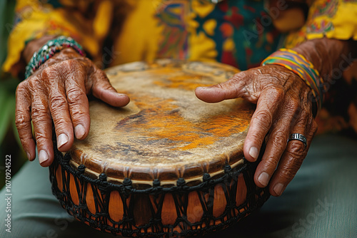 a pandeiro Brazilian tambourine in a musicians hands. photo