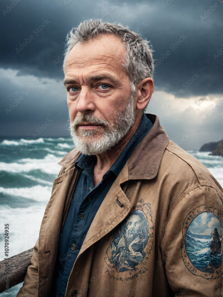 A portrait photograph capturing an aged man by the stormy sea - a tale of determination and vulnerability A portrait photograph capturing an aged man by the stormy sea - a tale of determination and vulnerability