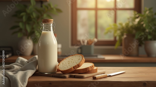 Realistic view of a milk bottle and sliced bread in a farmhouse kitchen photo