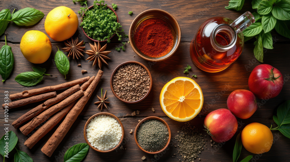 A vibrant assortment of herbs, fruits, and spices on a wooden surface A vibrant assortment of herbs, fruits, and spices on a wooden surface