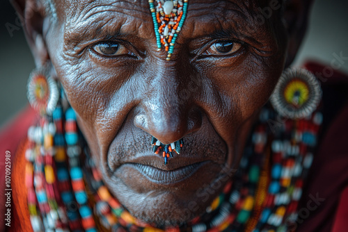 the face of a Maasai elder with piercing gaze and adornments.