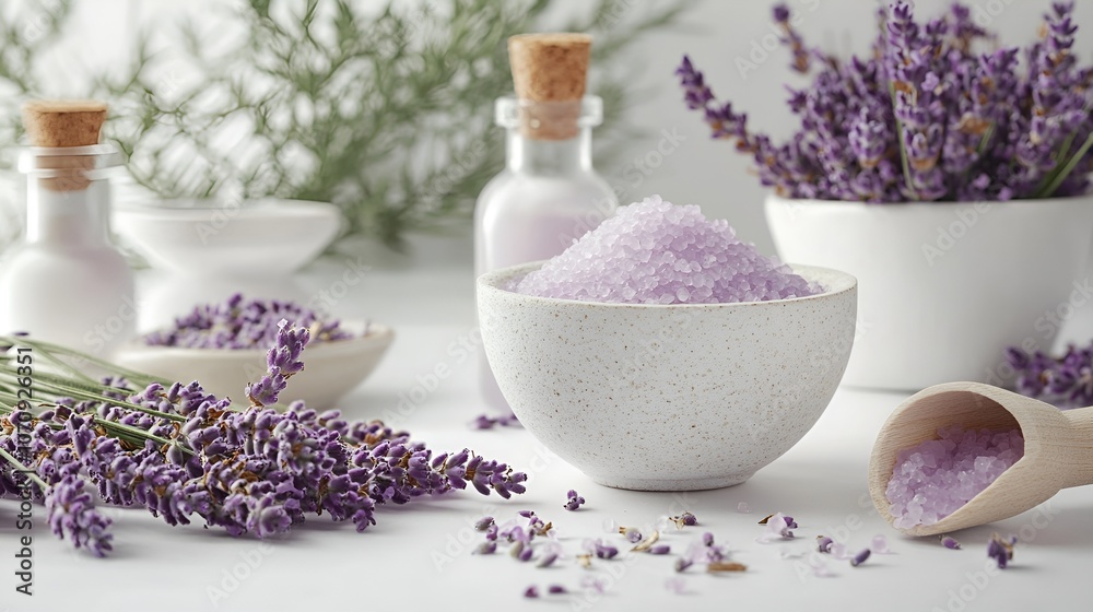 Lavender Spa Products Arrangement with Bath Salts and Essential Oil Lavender Spa Products Arrangement with Bath Salts and Essential Oil