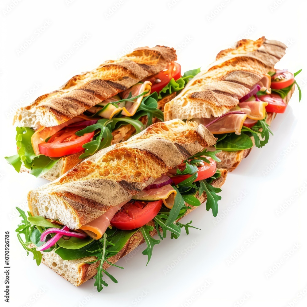 Three crunchy baguettes lying in a row filled with ham, cheese and vegetables on a white background Three crunchy baguettes lying in a row filled with ham, cheese and vegetables on a white background