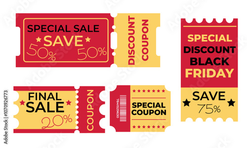 Set of coupons, tickets, gifts, discount coupons, color red, black, 50,20,75, percent. Coupon card element vector template for graphic design. Illustration