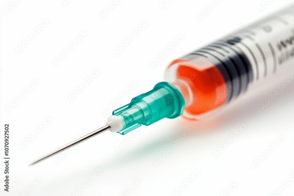 A close-up of a syringe with a needle. A close-up of a syringe with a needle.