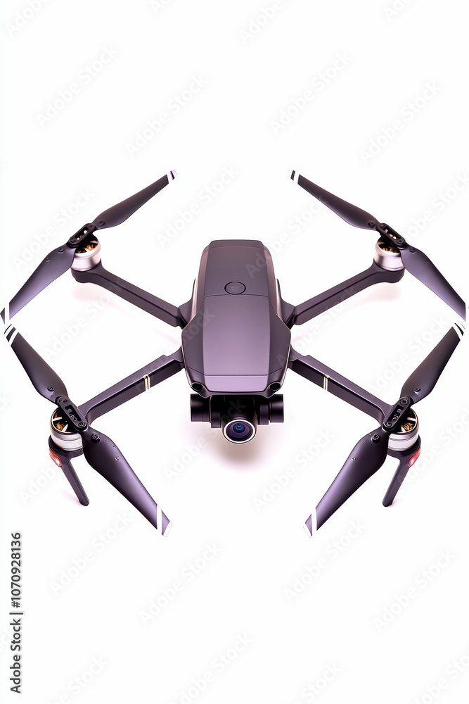 Black drone with four propellers and a camera. Black drone with four propellers and a camera.
