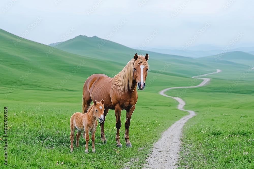 Obraz premium A horse mare with a foal (colt) on a steppe pasture among wild horses in spring. A mare supports a foal baby on a natural spring background. He is caring for his foal in a stall.