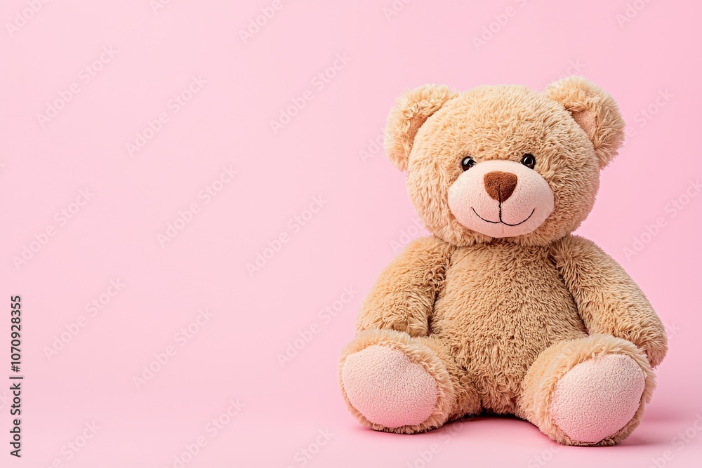 A brown teddy bear mother holds her baby on a light pink background. A lovely, emotional moment. Closeup. Front view. A brown teddy bear mother holds her baby on a light pink background. A lovely, emotional moment. Closeup. Front view.