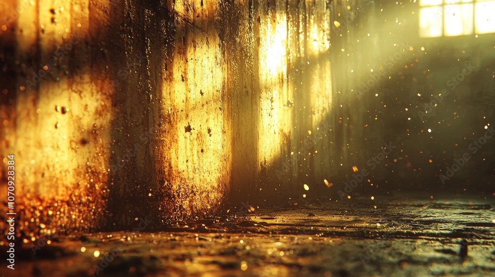 A sunlit, dusty interior with light rays illuminating particles in the air. A sunlit, dusty interior with light rays illuminating particles in the air.