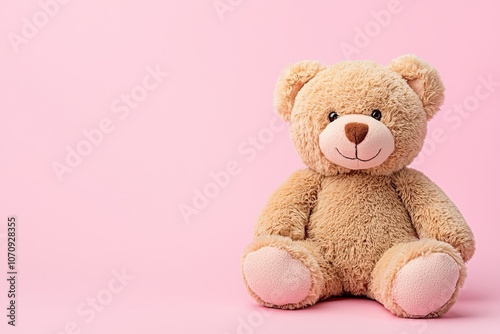 A brown teddy bear mother holds her baby on a light pink background. A lovely, emotional moment. Closeup. Front view. photo