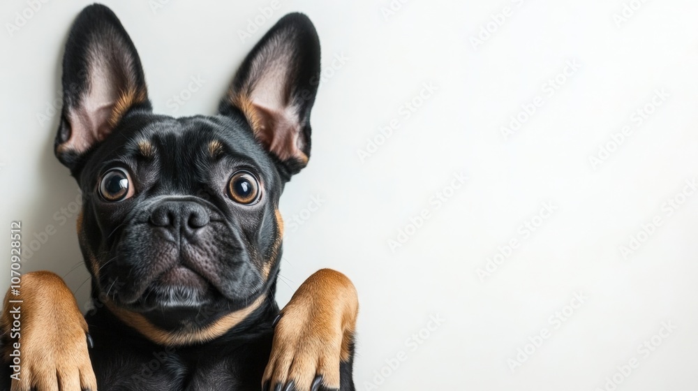 Black-and-tan French Bulldog with large, curious eyes, lying with front paws extended, looking up at the camera, isolated on white background, full-length portrait Black-and-tan French Bulldog with large, curious eyes, lying with front paws extended, looking up at the camera, isolated on white background, full-length portrait