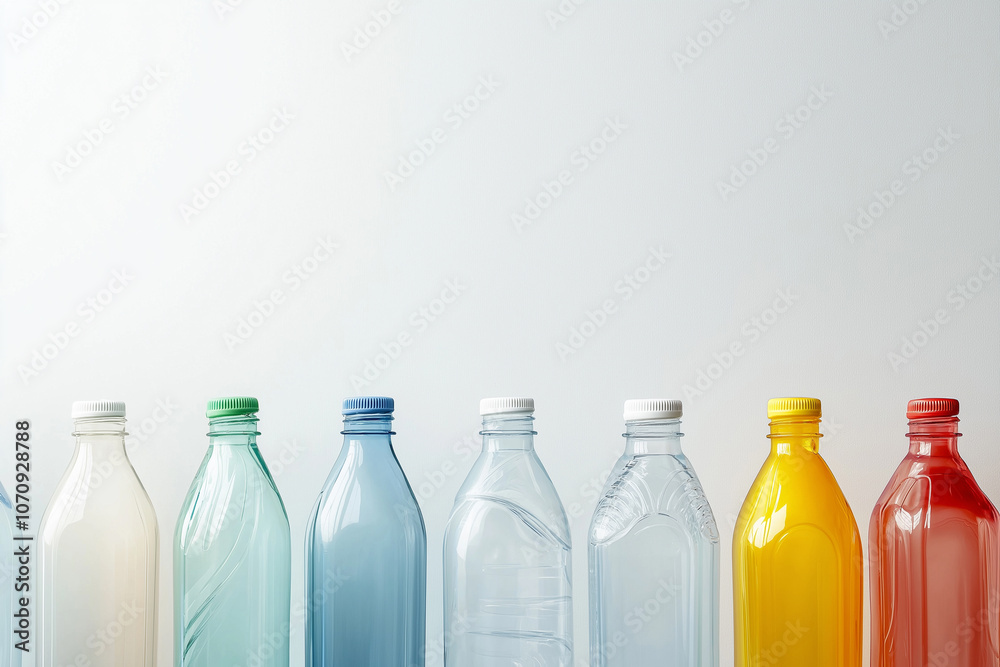 Different transparent plastic bottles on light background. Colorful plastic bottles of various sizes and shapes standing in a row, copy space. Recycling concept Different transparent plastic bottles on light background. Colorful plastic bottles of various sizes and shapes standing in a row, copy space. Recycling concept