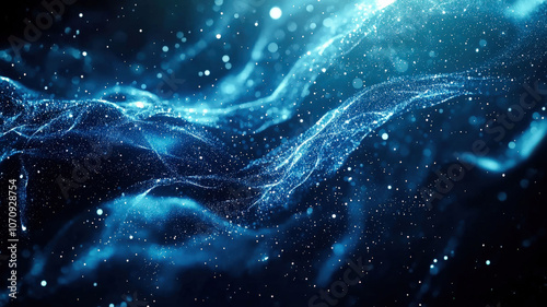An abstract futuristic background with blue glowing light rays, stars, and space, representing a digital technology concept with a starry sky, black hole, or wormhole in the universe, and big data